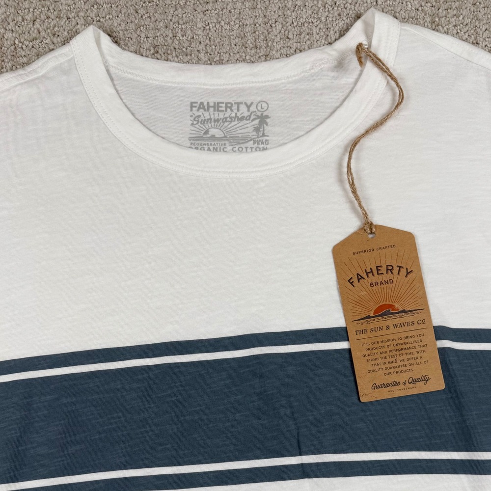 NEW Faherty Men Large White Surf Stripe Sunwashed Organic Cotton T-Shirt MKS2515